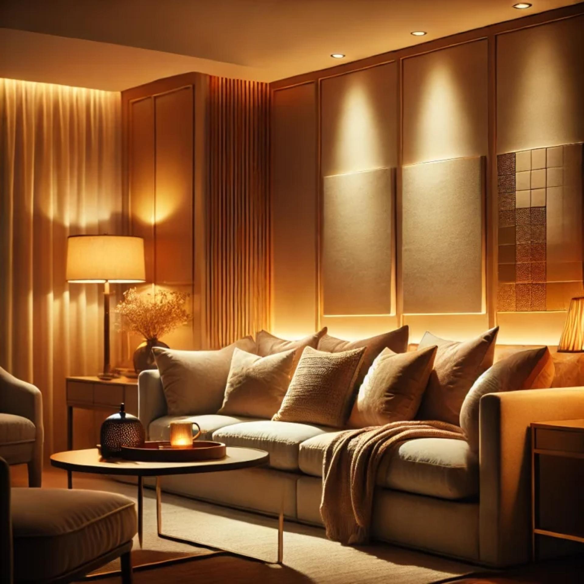 Salón minimalista con lámparas LED cálidas al atardecer simulando luz natural